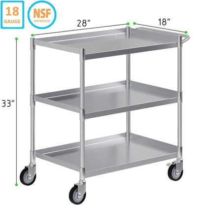 3 Shelf Stainless Steel Tubular Utility Cart | Metal Utility Cart on Wheels with Handle | NSF Certified | (18" Wide X 28" Long X 33" High)
