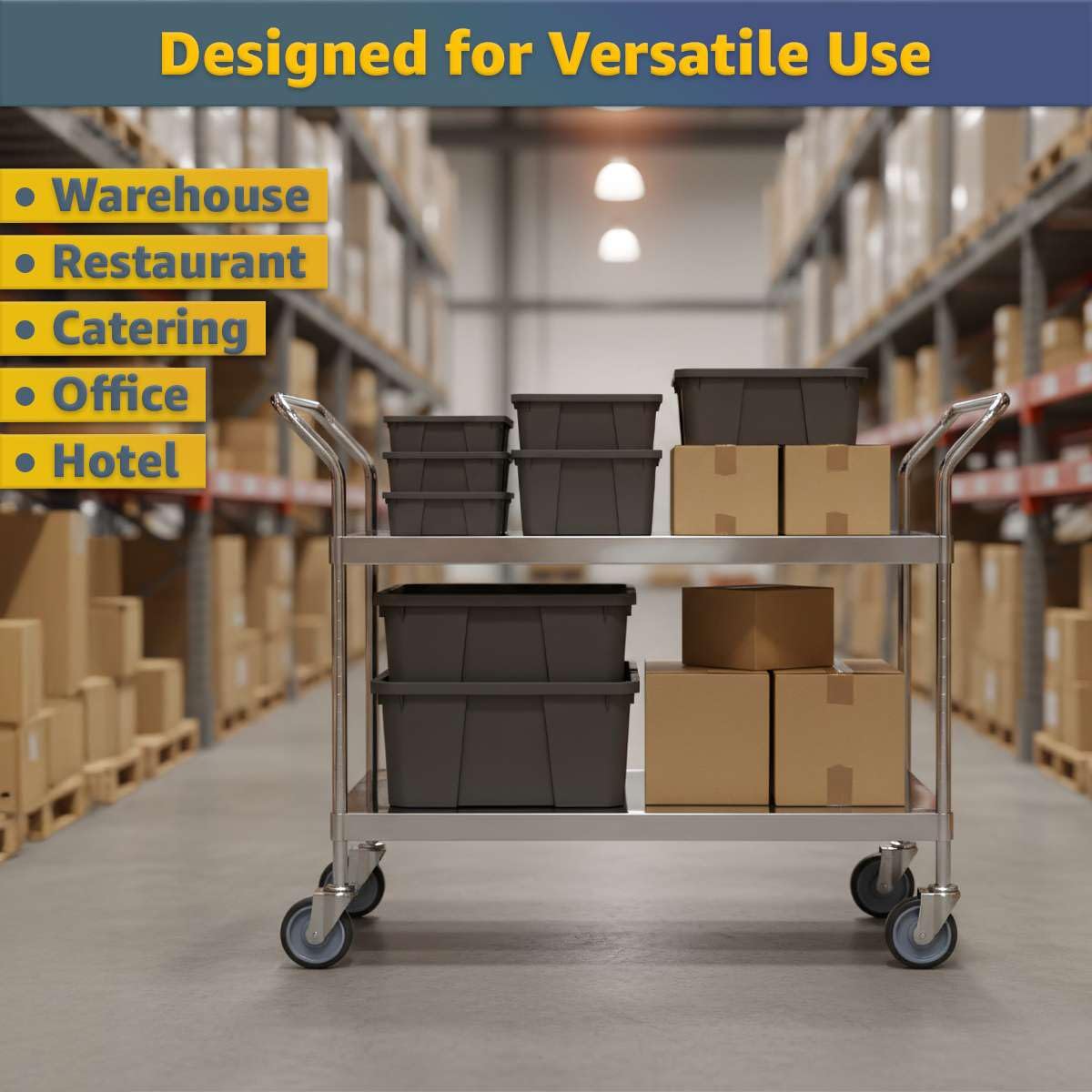 24" x 46" x 37" Stainless Steel Two Shelf Utility Cart - Commercial Heavy-Duty NSF Service Cart with Handles, Storage Rolling Shelving for Warehouse, Office, Food Service