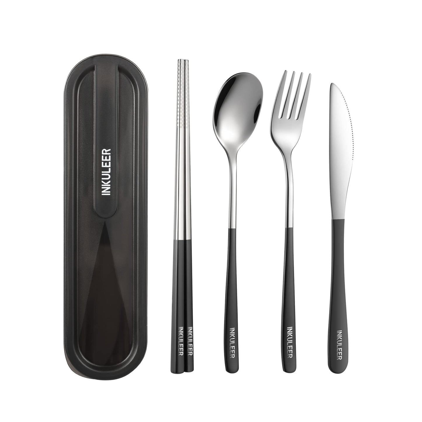 Travel cutlery set, 18/8 stainless steel cutlery, Reusable utensils set with case, Portable Silverware Lunch Box for Camping and Office (Black/knife set)