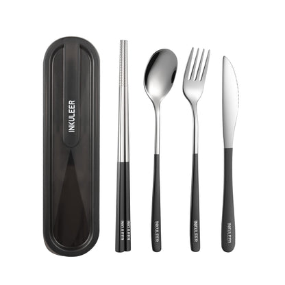 Travel cutlery set, 18/8 stainless steel cutlery, Reusable utensils set with case, Portable Silverware Lunch Box for Camping and Office (Black/knife set)