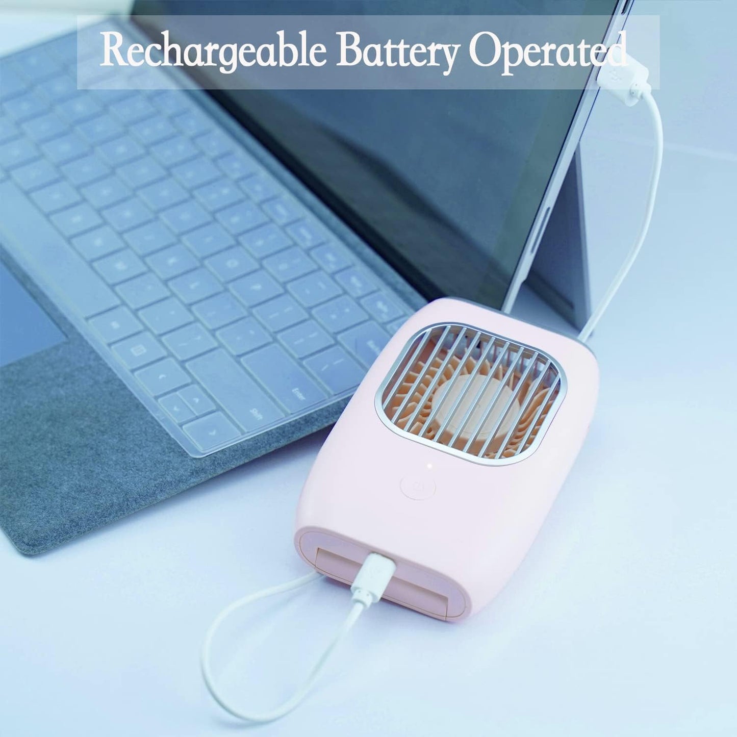 Hands-Free Personal Fan Necklace, Rechargeable Portable Neck Fan with Adjustable Lanyard for Women Kids Men, Pink
