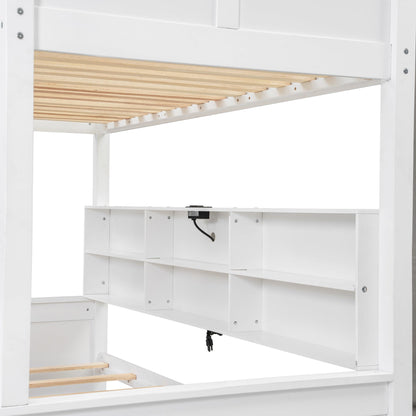 Bellemave Twin XL Over Queen Bunk Bed for Kids/Adults,Bunk Beds with Charging Station and Bookcase,Solid Wood Bunk Beds Twin XL Over Queen for Girls,Boys,Antique White