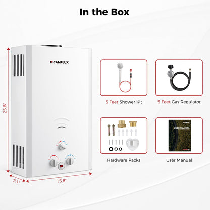 CAMPLUX Outdoor Tankless Water Heater Propane, 4.22 GPM Propane Tankless Water Heater, 16L Outdoor Water Heater for Camping, Remote Cabins, Tiny House & Mobile Home, 110,000 BTU, BW422