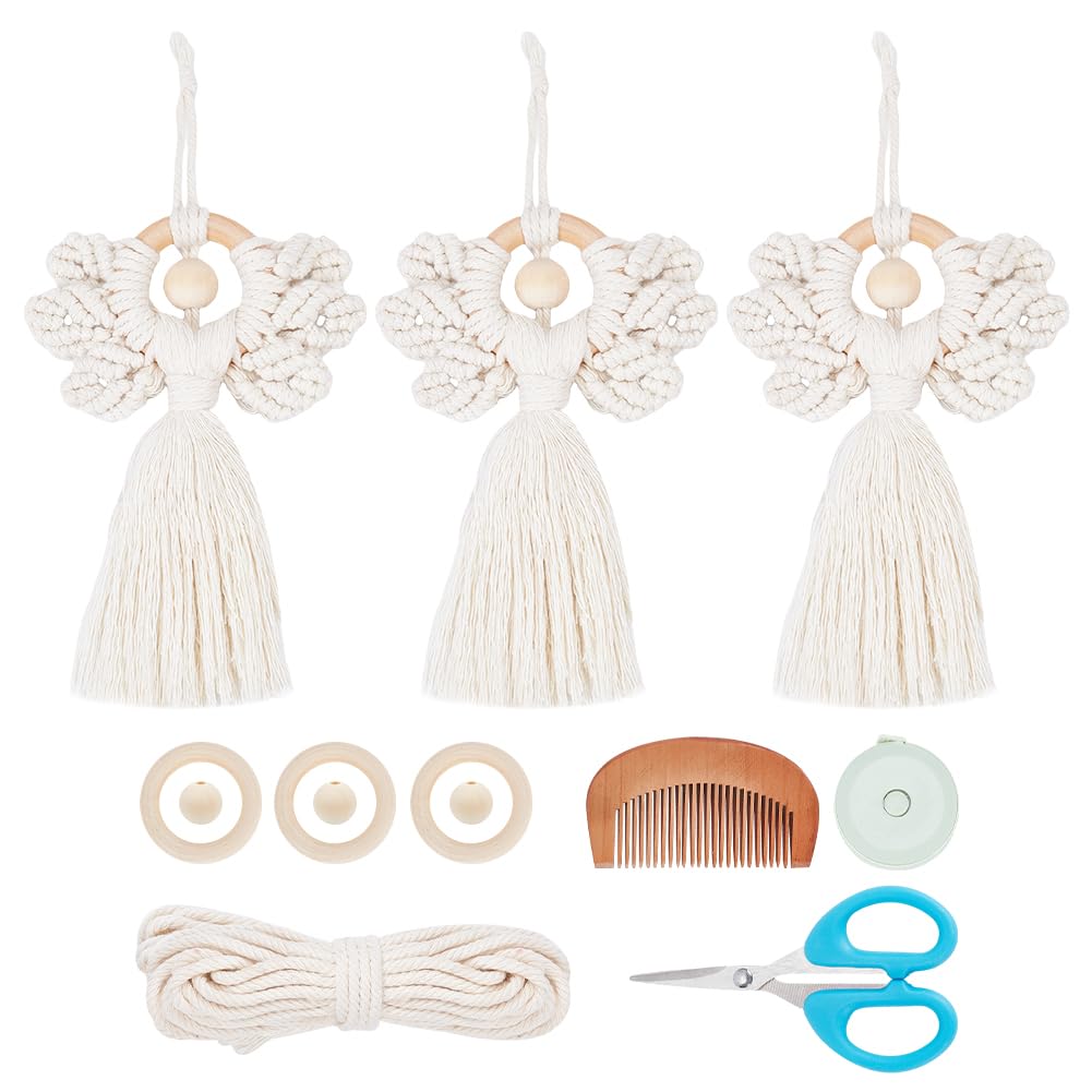 ORIGACH 3 Set DIY Angel Macrame Kit, Boho Wall Hanging Ornament for Beginners, Angel Wings Kit with Instruction Tutorial for Adults, Beige