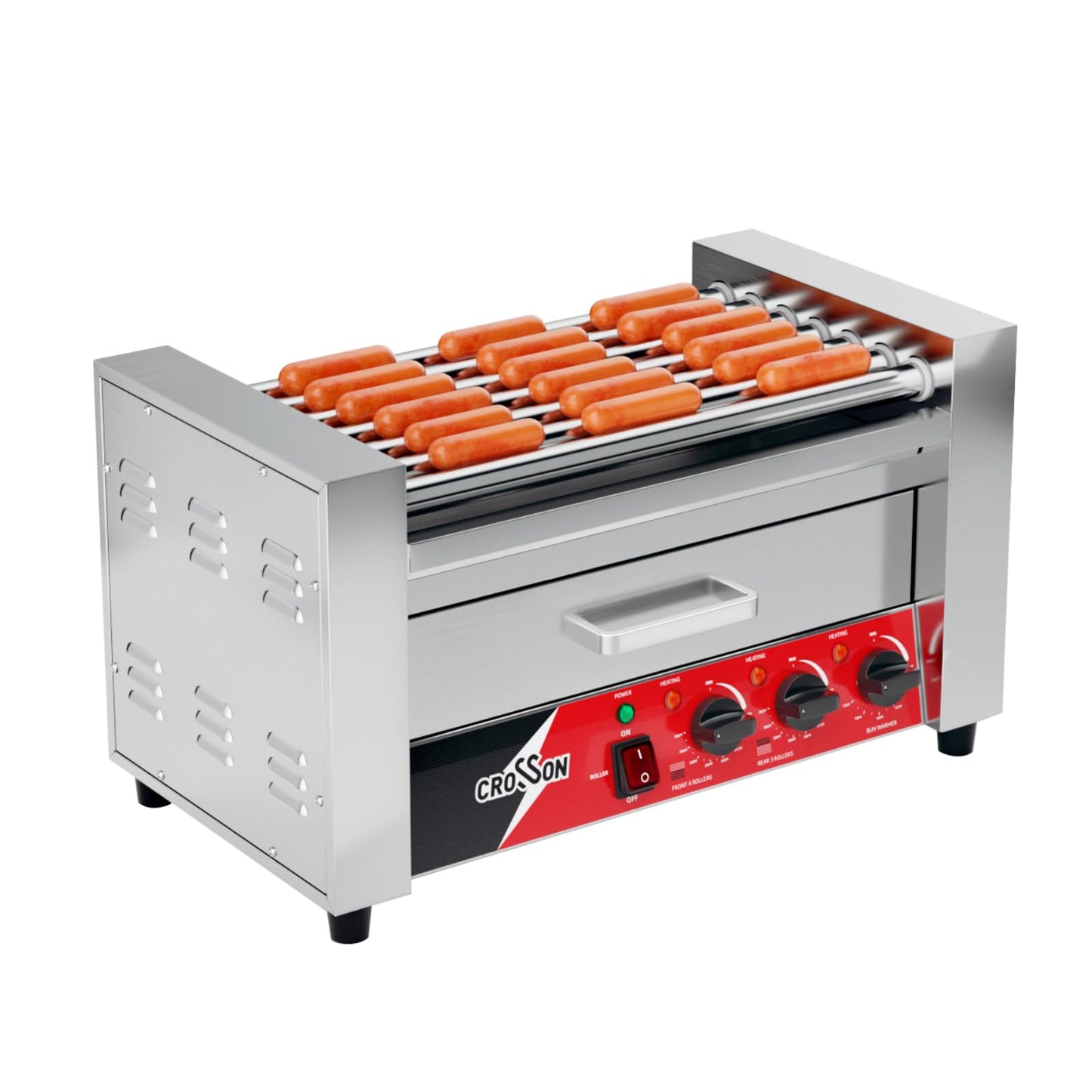 CROSSON Hot Dog 7 Roller with Bun Warmer,Commercial 7 Nonstick 304 Roller Grill Cooker Machine-120V, 1350W
