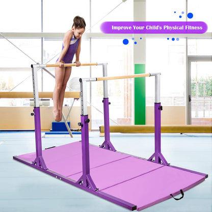 GOFLAME Double Horizontal Bars, Gymnastics Parallel Bars with Adjustable Height and Width, Junior Training Gym Bar for Kids, Ideal for Indoor Outdoor Use (Purple)