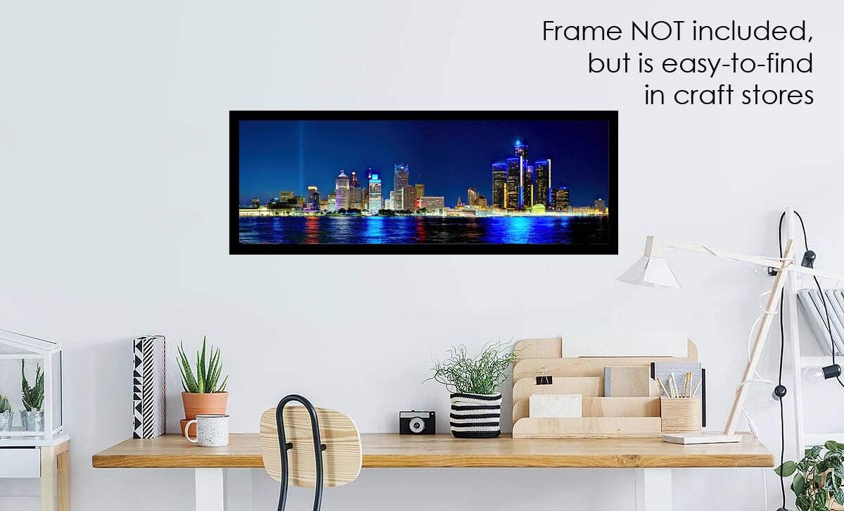 PHOTOSBYJON Detroit Skyline UNFRAMED Photo Print, Night Color City Downtown, 11.75 x 36 inches
