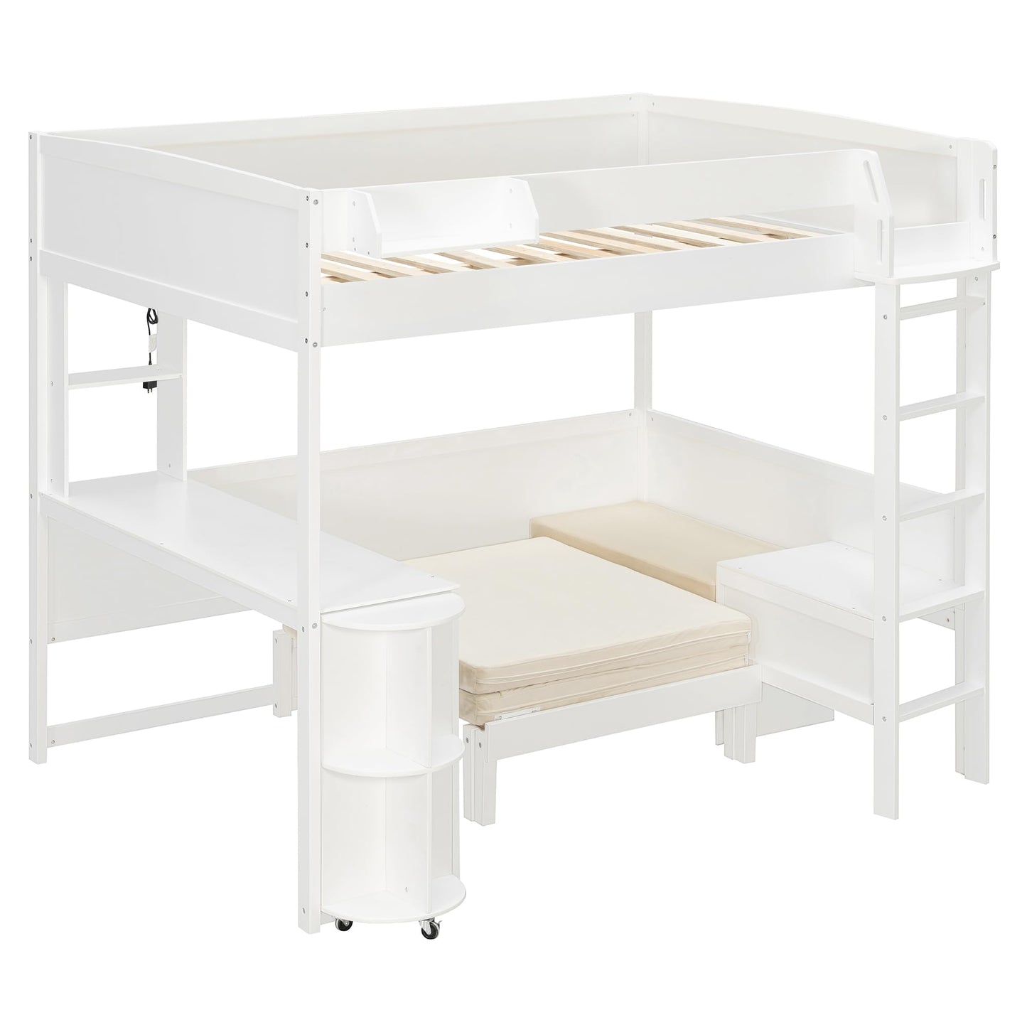 Merax Full Size Loft Bed with Extendable Desk and Lights, Wood Loft Bed Frame with Storage Shelves & Padded Foldable Sofa, Space-Saving Loft Bed for Teens Adults, Dorm Apartment, White