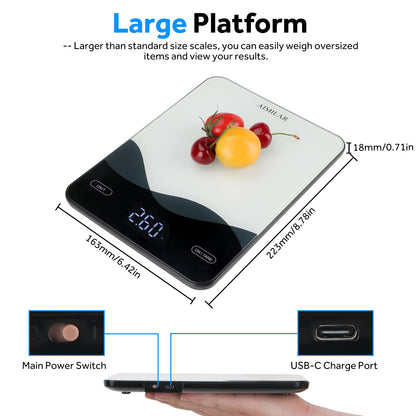AIMILAR Digital Kitchen Scale 22lb/10kg USB-C Rechargeable, Tempered Glass Top Easy Clean, LED Touch Screen No Buttons, Auto Shut Off