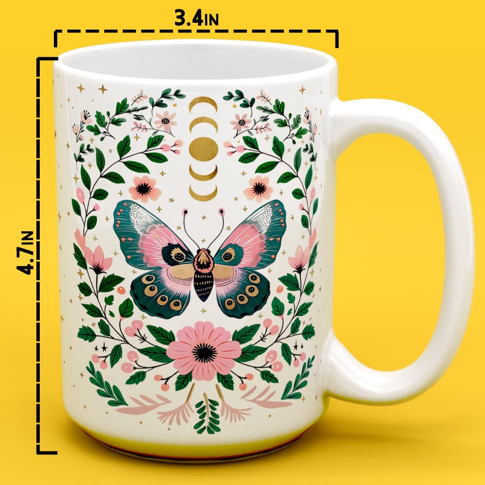 Mystical Butterfly Coffee Mug, Floral Celestial Nature Botanical Moon Stars Gift Cup for Mom Friend