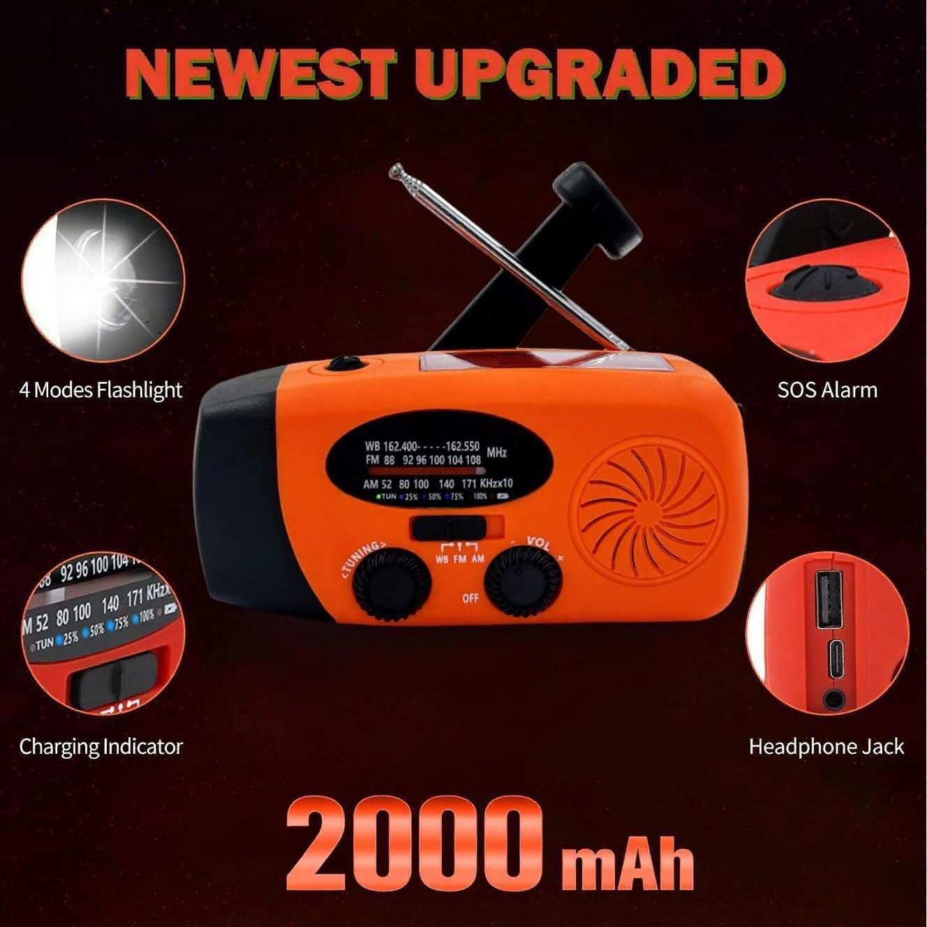 7400mWh Weather Emergency Radio, Portable Solar AM/FM/NOAA Hand Crank Radio, Cell Phone Charger with SOS, 1W LED Flashlight, Headphone Jack, Power for Emergency Preparedness (2000mAh Orange)