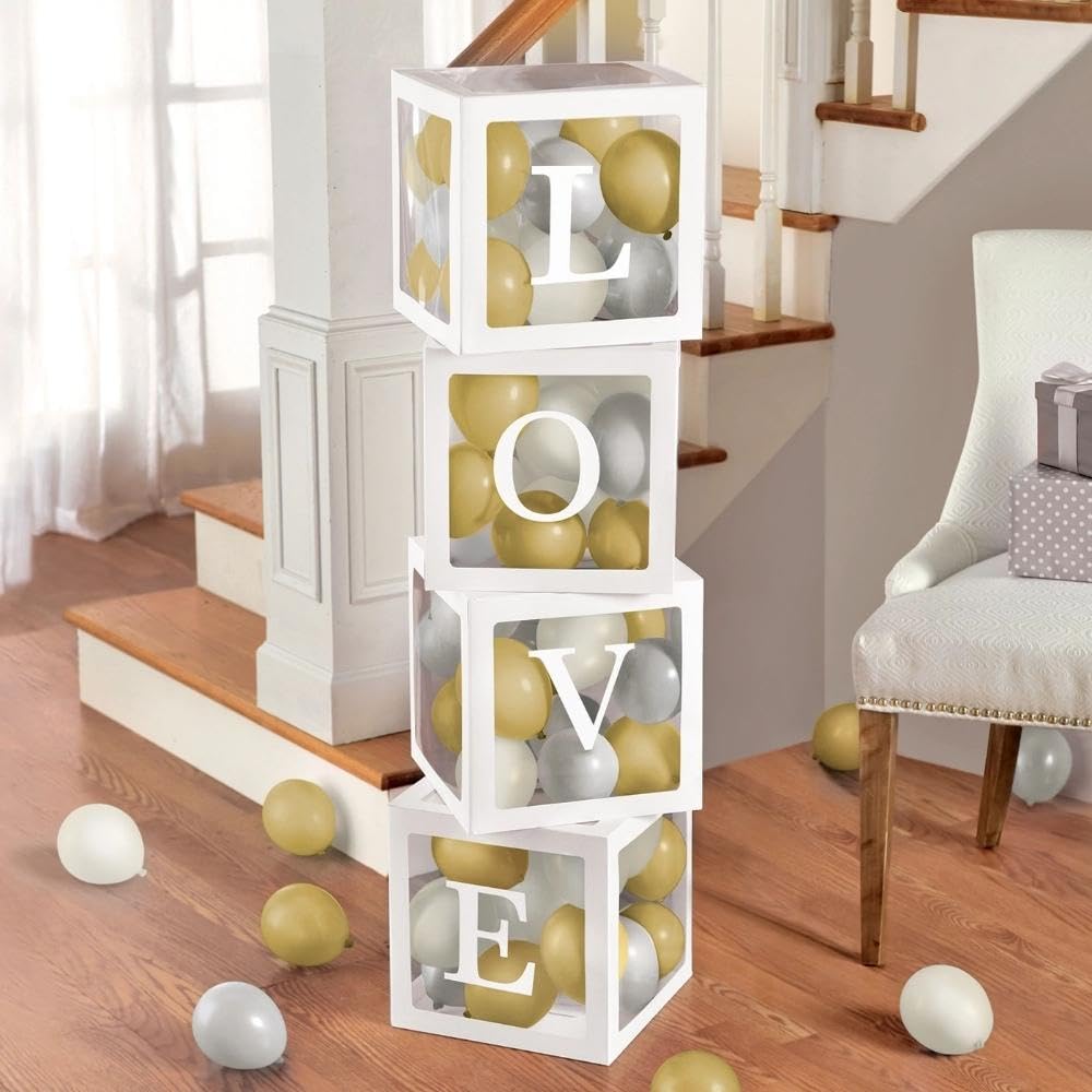 White & Gold Love Balloon Boxes Set - (72 Piece) 11.75" x 11.75" & 5" | Perfect for Engagements, Weddings, and Romantic Celebrations