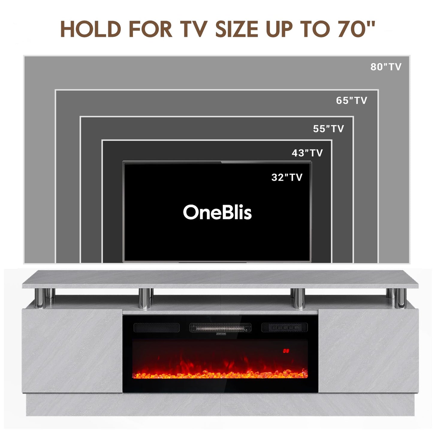 OneBlis 70" TV Stand for Living Room, Entertainment Center with Storage Cabinet, Fits TVs up to 80", Modern Media Console with Shelves, 36" Electric Fireplace (Grey+Black)