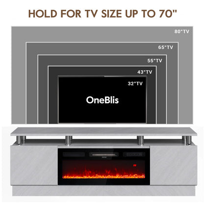 OneBlis 70" TV Stand for Living Room, Entertainment Center with Storage Cabinet, Fits TVs up to 80", Modern Media Console with Shelves, 36" Electric Fireplace (Grey+Black)
