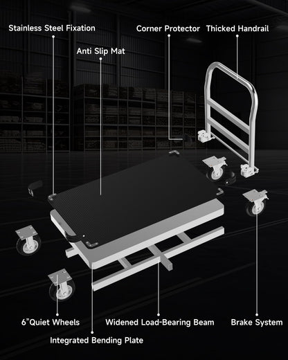 PHEXOD 2500 LBS Heavy Duty Platform Truck Cart 48" x 24", Extra Long Folding Flatbed Push Cart Dolly with Non-Slip Rubber Mat and 6" TPR Wheels for Warehouse Garage Moving Industrial Use
