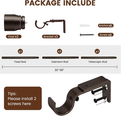 Skiennix Heavy-Duty Adjustable Brown Curtain Rod - Fits 30-84 Inch Windows, 1 Inch Diameter