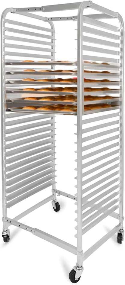 HECASA Adjustable Bun Pan Rack 25 Tier with Brake Wheels, Bakery Sheet Rack for Foodservice, Kitchen,Restaurant, Pizzeria, Hotel, Home, Aluminum, 24.72" L x 20.5" W x 58''H Oxidation