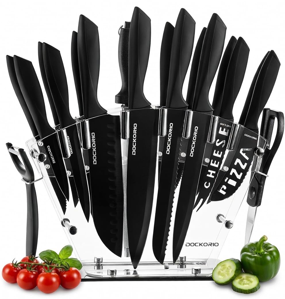 Dockorio Kitchen Knife Set with Block, 19 PCS High Carbon Stainless Steel Sharp includes Serrated Steak Knives Set, Chef Knives, Bread Knife, Scissor, Sharpener, all in one
