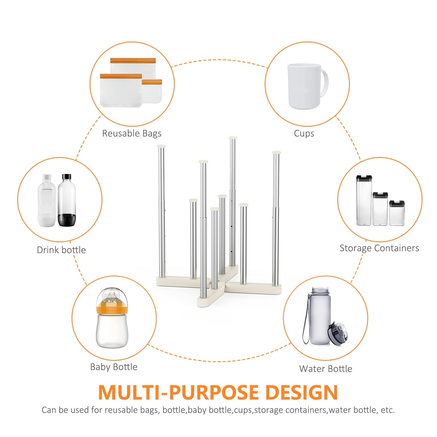 KORRTFID Reusable Storage Bag Drying Rack, Retractable Metal Bottle Drying Rack, Collapsible Cup Draining Rack for Water Bottles, Mason Jars, Mugs, Glass and Sports Bottle(1 Pcs)