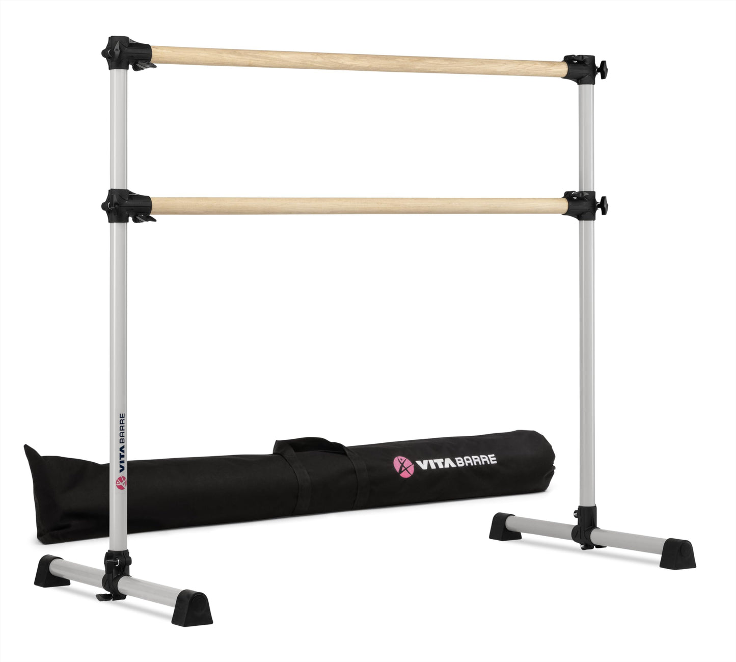 VITA Barre Portable Freestanding Double Ballet Barre, Prodigy, 4 Ft Bars, Satin Silver, with Bag | Adjustable Height, USA Made, Home or Gym Exercise Equipment for All Ages | Dance, Fitness, Pilates