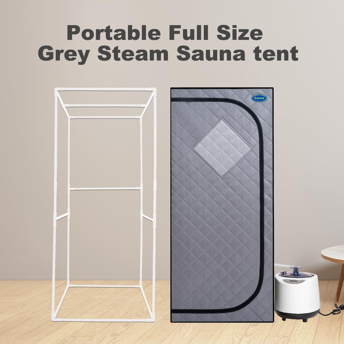 Full Size Portable Grey Steam Sauna Tent–Personal Home Spa, with Steam Generator, Remote Control, Foldable Chair, Timer and PVC Pipe Connector Easy to Install.Fast Heating, with Fcc Certification