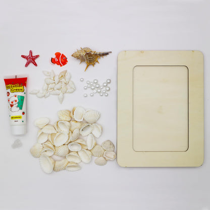 Fenzonmic DIY Wooden Photo Frame Kit – Includes Cream Glue Gun & Resin Decor (Shells, Pearls, Sea-Themed) for 4x6 Inch (10x15cm) Pictures, Creative Craft Gift for Friends, Family