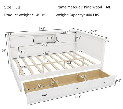 Merax Full Size Corner Bed Frames with Storage Drawers, Bookcase, Charging Station, Led Downlight, Wooden L-Shaped Captain Daybed Platform for Small Room, Bedroom, Guest Room, Kids'Room, White
