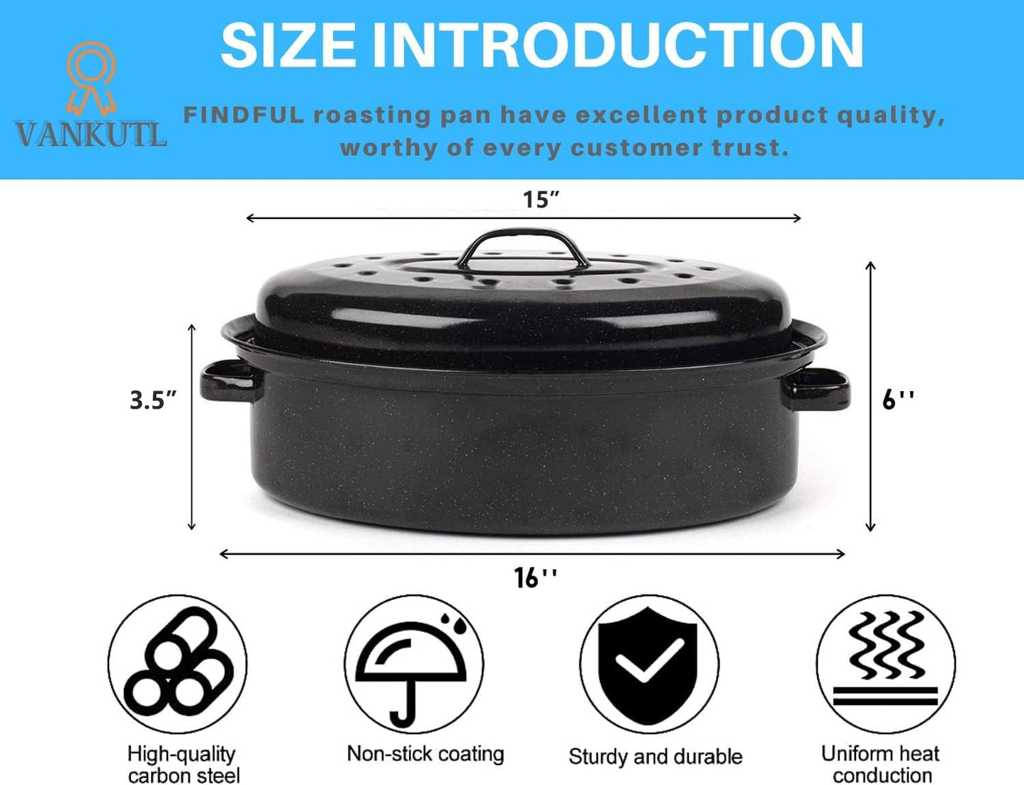 16 Inch Roasting Pan with Lid - Covered Oval Roaster - Enamel Carbon Steel Roaster Pot - Excellent Heat Distribution and Non-sticky - for Turkey Chicken Meat & Vegetables -Birthday and Holiday gifts