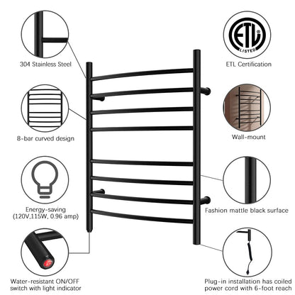 HEATGENE Towel Warmer 8 Bar Plug-in Curved Bath Towel Heater Towel Warmer for Bathroom Plug-in Drying Rack Brushed