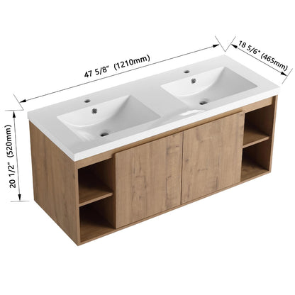 Trygoal Floating Bathroom Vanity, 48" Bathroom Storage Cabinet with Double Resin Sinks, 2 Soft-Close Doors & 4 Open Storage Shelves, Modern Wall-Mounted Vanity with 45° Bevel Handles, Oak