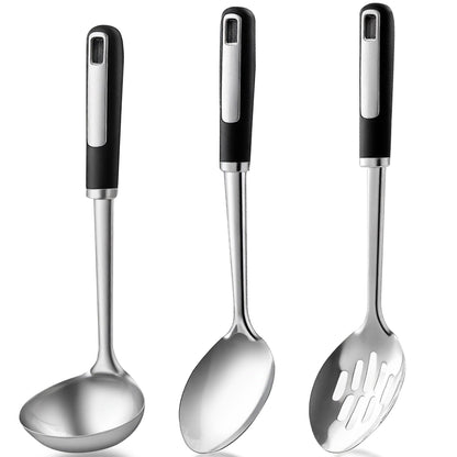 Stainless Steel Cooking Spoons Set, Large Serving Spoons Stainless Steel with Soup Ladle, Solid Spoon & Slotted Spoon, 3-Piece Thickened Metal Cooking Spoon for Kitchen Serving & Cooking