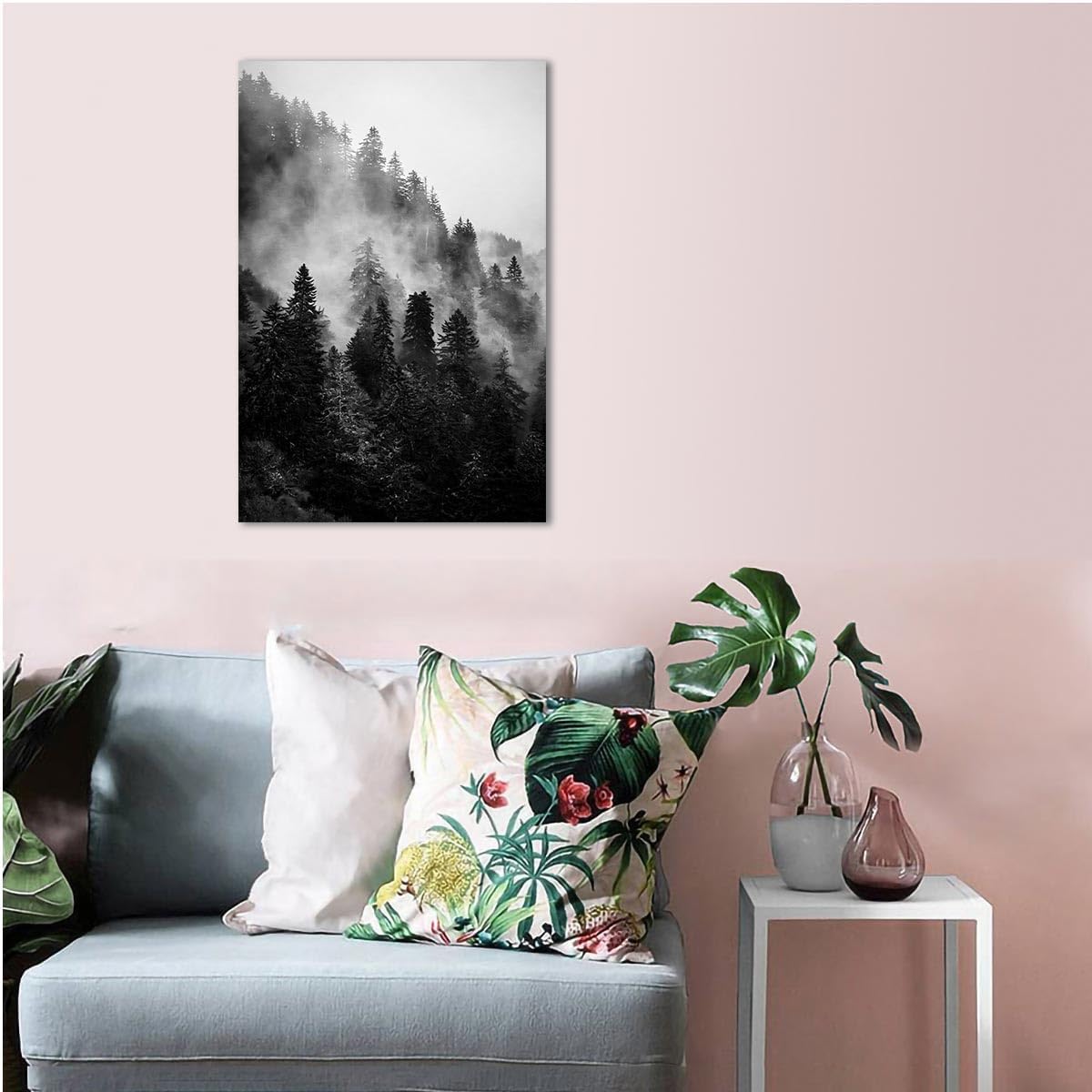 Forest Canvas Wall Art, Black and White Landscape Paintings Prints for Bedroom Living Room Decor (16x24in, Unframed)