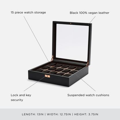 WOLF Axis 15-Piece Watch Box, Copper - Features 15 Watch Compartments, Lock and Key, Suspended Watch Cushions & Smart Watch USB Port