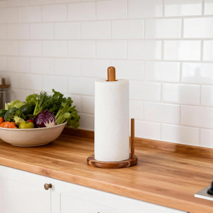 E-ROOM TREND Acacia Wood Paper Towel Holder Countertop, Wooden Paper Towel Holder Thicken Base for Kitchen, Easy to Assemble, Sturdy, Durable, Natural Wood Color