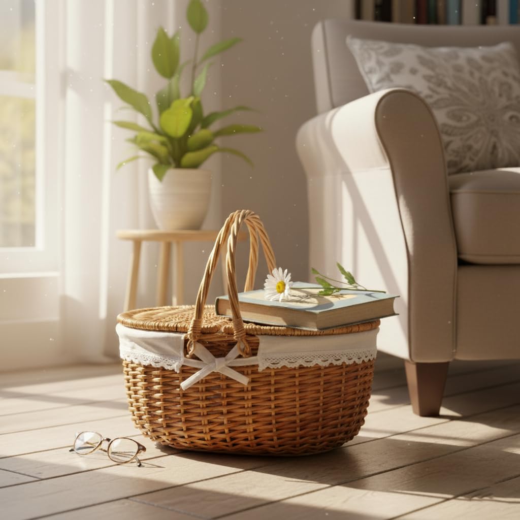Wicker Picnic Basket with Lid and Handle 15" Sturdy Woven Body with Washable Lining for Easter,Mother's Day,Outdoor Camping,Not Dyed
