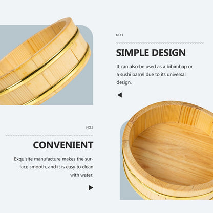 WATIIFUFU Japanese Sushi Bucket Wooden Rice Mixing Bowl Food Storage Container Compact 9.84X9.84X2.63In Lightweight for Sushi Bibimbap Serving and Home Cooking
