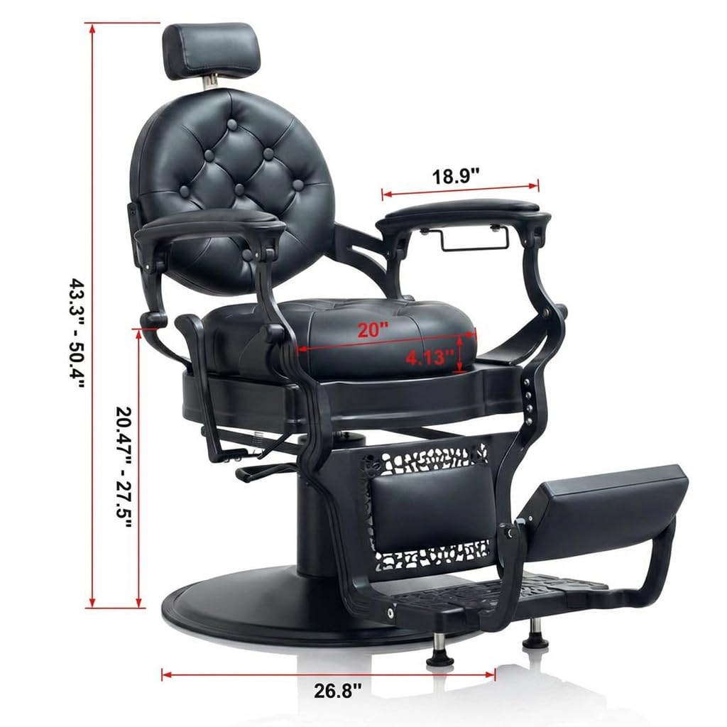Grace&Grace Barber Salon Chair for Barbershop,Heavy Duty Recline Salon Chair for Hair Beauty Stylist Tattoo Home Barber (Black, Round Seat)