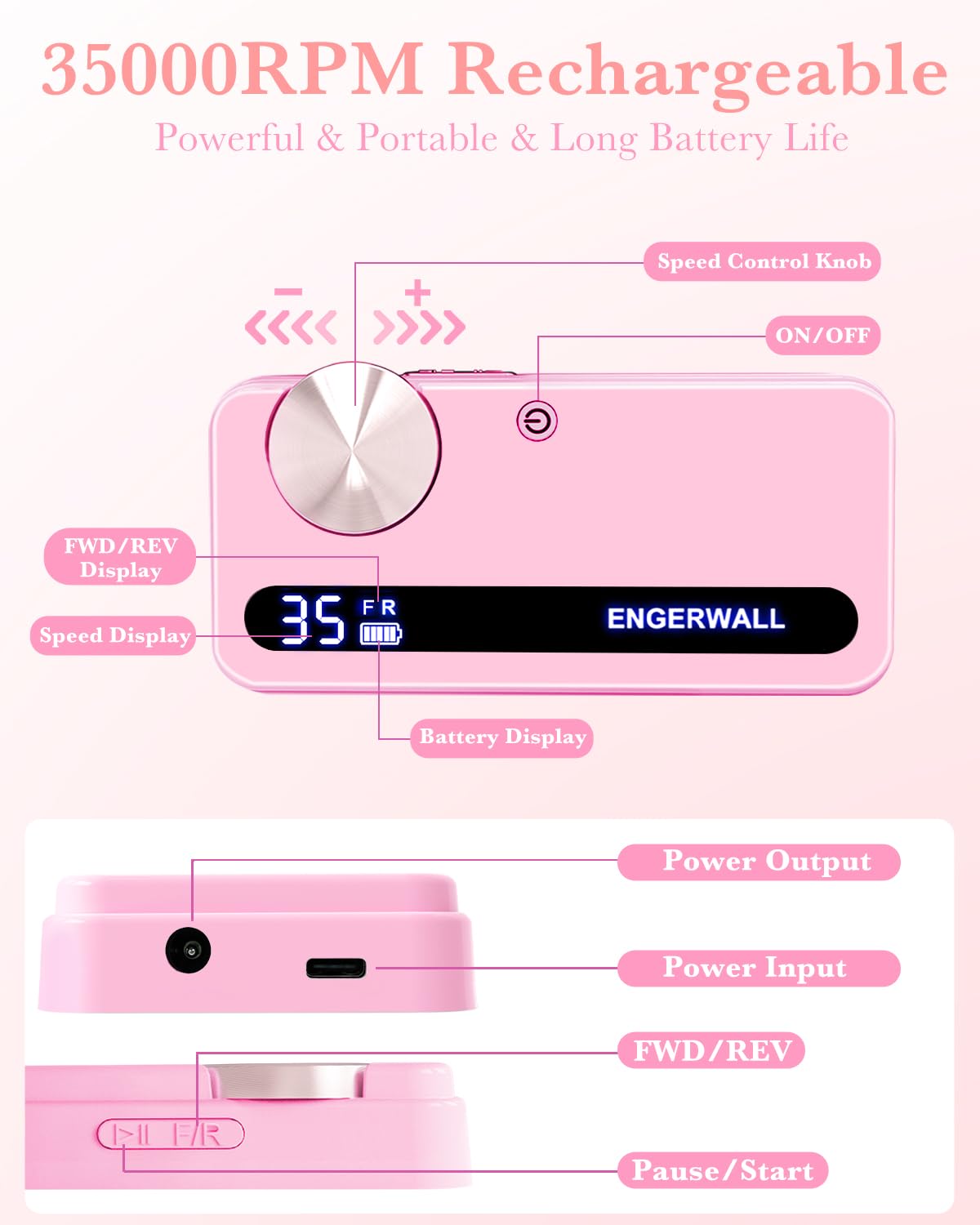 ENGERWALL Rechargeable Nail Drill 35,000 RPM, Portable Cordless Electric Nail File for Acrylic, Gel Nails, Polishing & Removal, with Nail Drill Bits Kit for Manicure & Pedicure, Pink