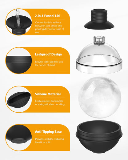 Large Round Ice Ball Maker Mold Silicone for Whiskey - Set of 4 with 2-in-1 Funnel Lid - 2.4 Inch Big Sphere Ice Mold for Cocktails Bourbon - Easy Release - Perfectly Round Ice Cube Tray
