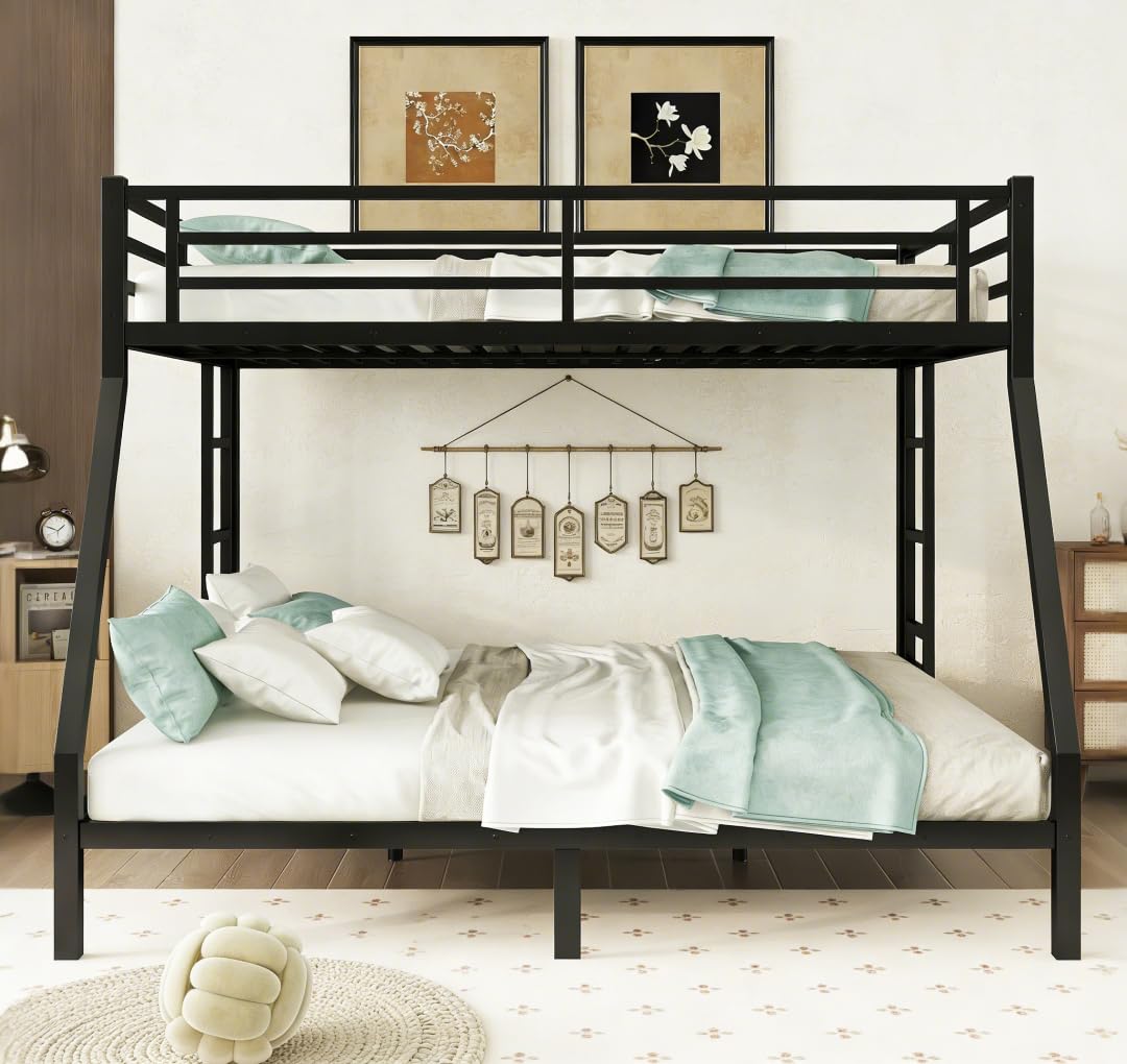 Bellemave Queen Over King Bunk Bed with 2 Side Ladders for Teens,Adults, Metal Bunk Bed Frame with Full-Length Guardrail for Dorm,Bedroom, Noise-Free Steel Slats, No Box Spring Required, Black