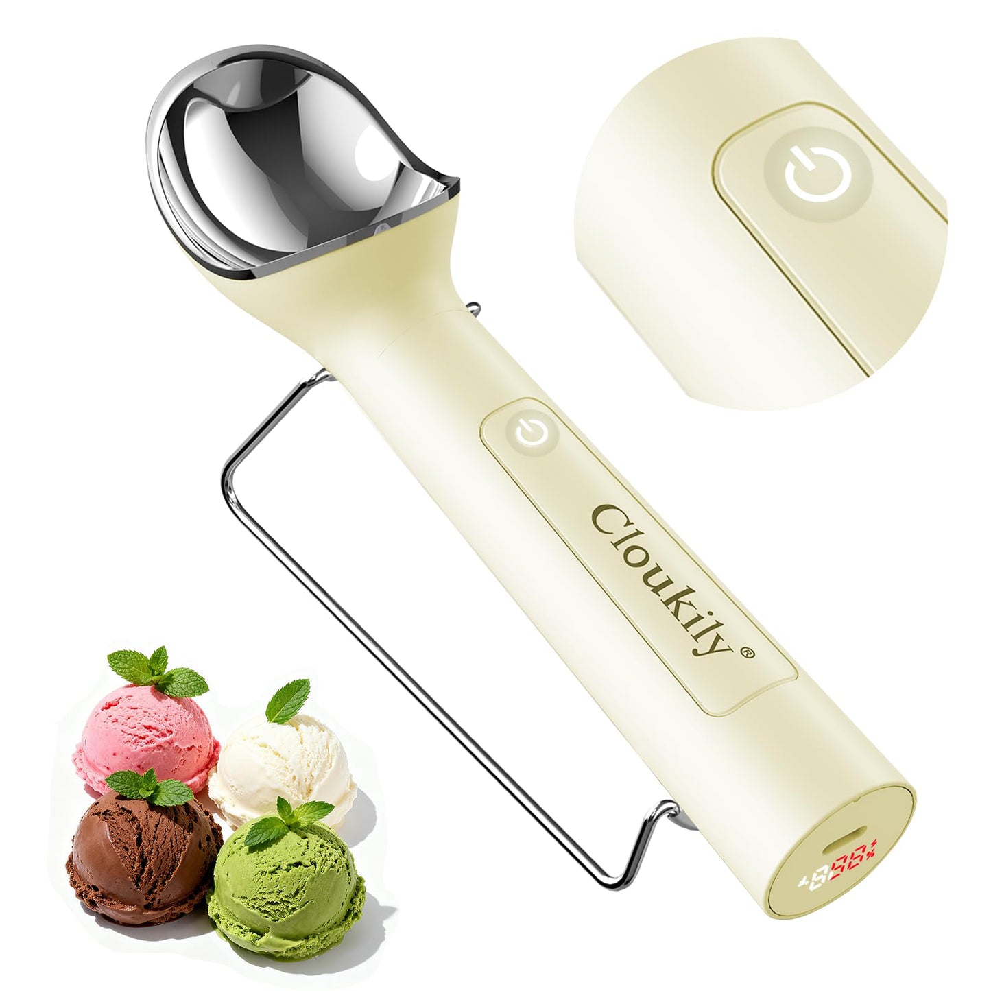 Cloukily Heated Ice Cream Scoop with ON/OFF Switch(Latest Gen 3.0): Rechargeable Electric Icecream Scooper with Holder,2025 Kitchen Gadgets for Hard Ice Cream, Waterproof IP67,Max to 158℉
