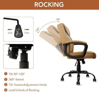 CLATINA Office Chair, Ergonomic Mid-Back Executive Office Chair, PU Leather Desk Chair Swivel Rolling Computer Task Chair with Lumbar Support and Padded Armrests for Home (Brown 4 Pack)