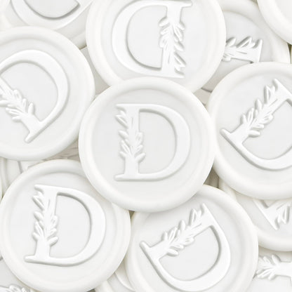 50Pcs White Wax Seal Stickers Handmade Vintage Botanical Leaves Adhesive Letter Wax Stickers for Wedding Party Invitations, Envelope, Gift Wrap, Christmas(Initial D, White)