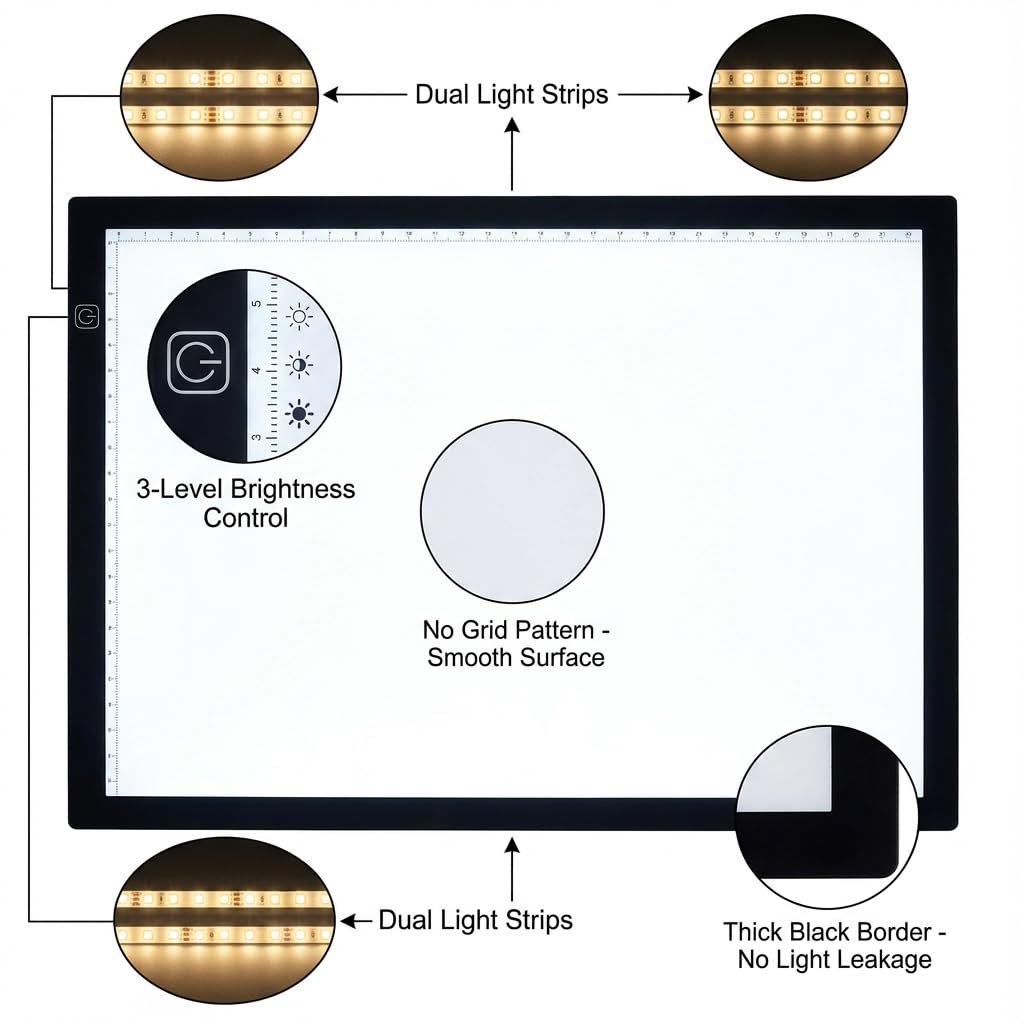 Premium A3 LED Tracing Light Pad for Diamond Art Painting - 3-Level Adjustable Brightness, No Mesh No Dot Technology, Ultra-Thin USB Powered Light Box for Sketching, Weeding Vinyl, Drawing, Design
