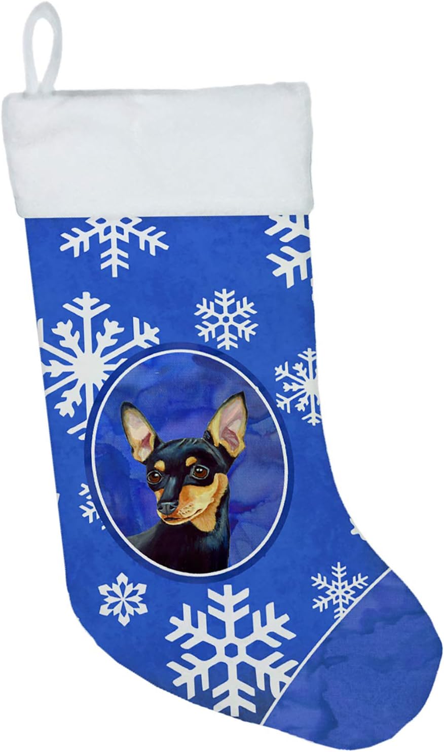 Caroline's Treasures LH9290-CS Min Pin Winter Snowflakes Holiday Christmas Stocking, Fireplace Hanging Decor