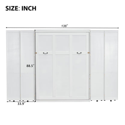 Merax Queen Size Murphy Bed with with 5-Tier Storage Shelves, Wooden Wall Bed Cabinet with Storage Doors, Foldable Platform Bedframe with Hydraulic Lift System for Guest Room and Bedroom