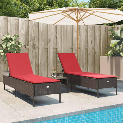 Yisssmeng 3-Piece Patio Sun Lounger Set with Red Cushions, Brown Poly Rattan Outdoor Chaise Lounge Chairs for Garden, Poolside and Terrace, Adjustable Backrest, 2 Pack, Steel Frame