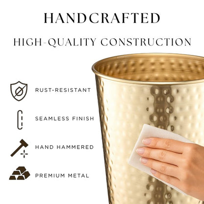 Monarch Abode Metal Bathroom Trash Can – Waste Basket for Bedroom, Office Desk, & Dorm, Hand Hammered, Durable Decorative Brushed Gold Small Trash Can Bathroom Garbage Bin Wastebasket