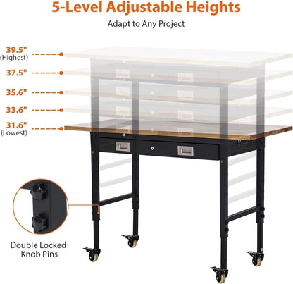 Adjustable Workbench for Garage, 48" Heavy Duty Rolling Work Bench with Power Outlet & Storage Drawer, 2000 LBS Capacity Solid Wood Top Shop Table for Workshop Home Office