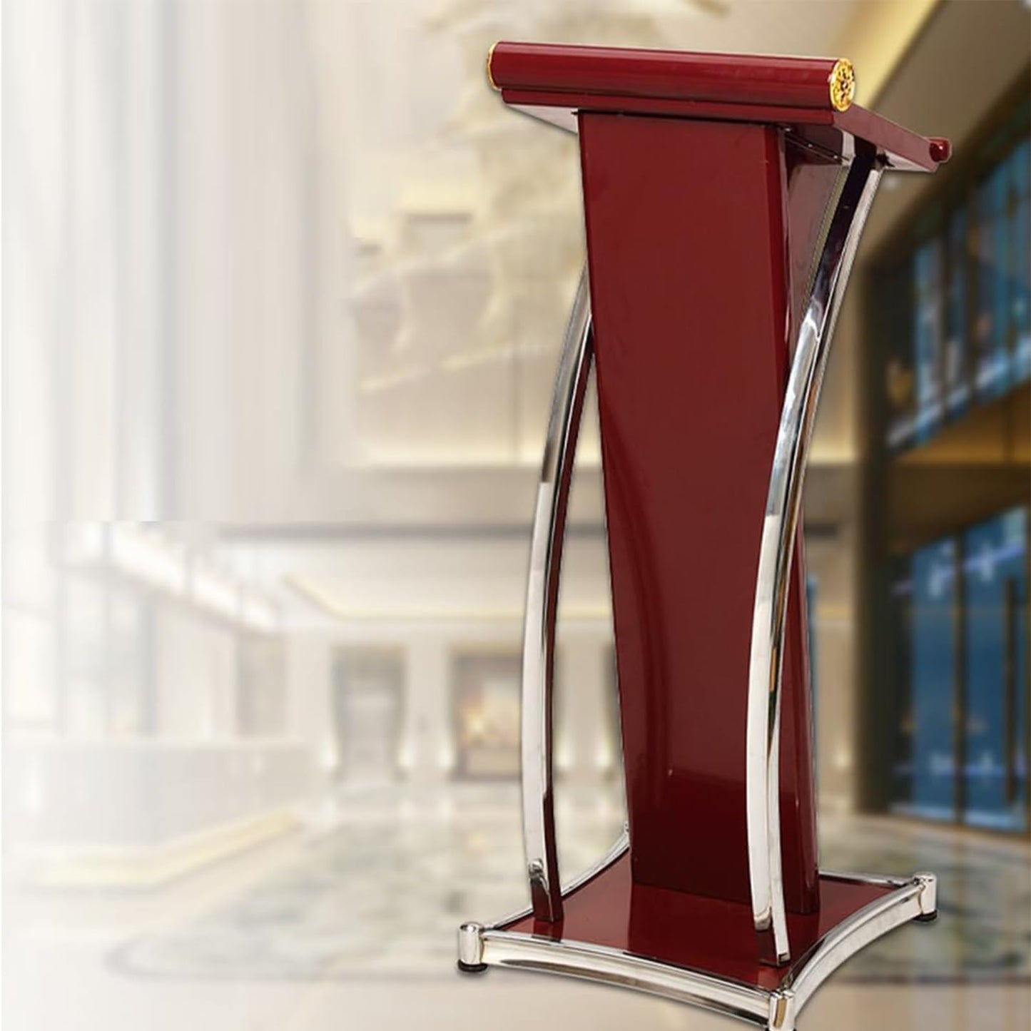 Curved Metal Podium, Brown Stand up Church Pulpit, Stainless Steel Conference Lectern for Office Stage Studio